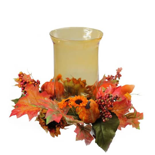 10&#x22; Autumn Sunflower &#x26; Pumpkin Hurricane Pillar Candle Holder